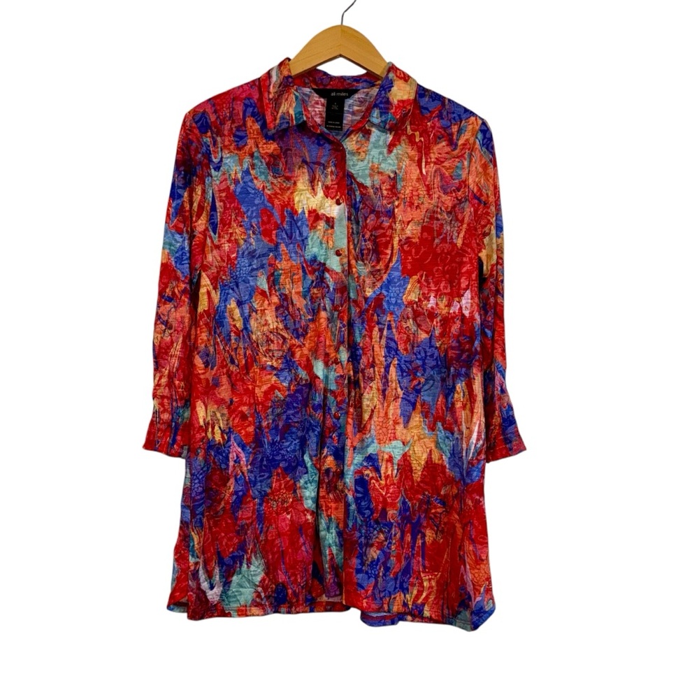 NWT Ali Miles Abstract Multi Print Pearl Snap Burnout Crinkle Knit Blouse Artsy